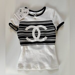 Chanel Black and White Striped Logo Tee
